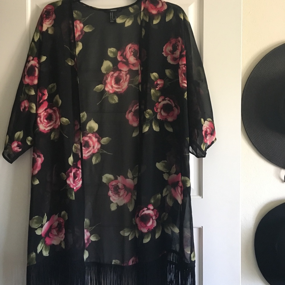 Forever 21 Black Floral Kimono